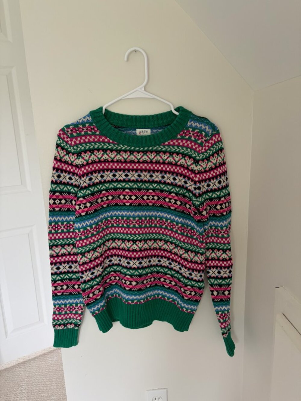 J Crew Fair Isle Crewneck Sweater 100% Cotton Sz XS Green Pink Multicolor